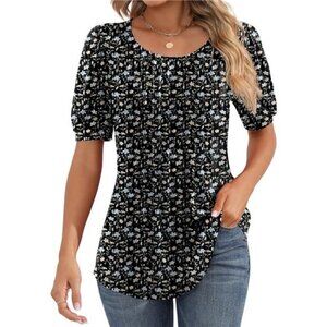 Women's Puff Short Sleeve Tunic Tops Pleated Crew Neck Blouses Casual Loose